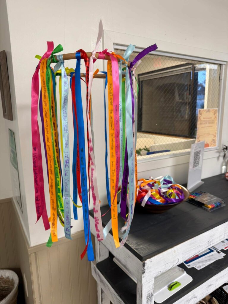 Ribbons of gratitude hanging in the Rise Above lobby