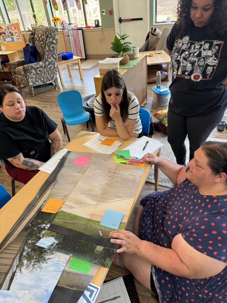 Teachers review classroom plans together during a professional development activity.