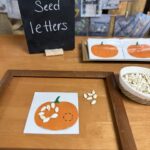 Pumpkin seeds form a letter on a pumpkin card beside a seed basket and a chalkboard labeled Pumpkin Seed Letters.
