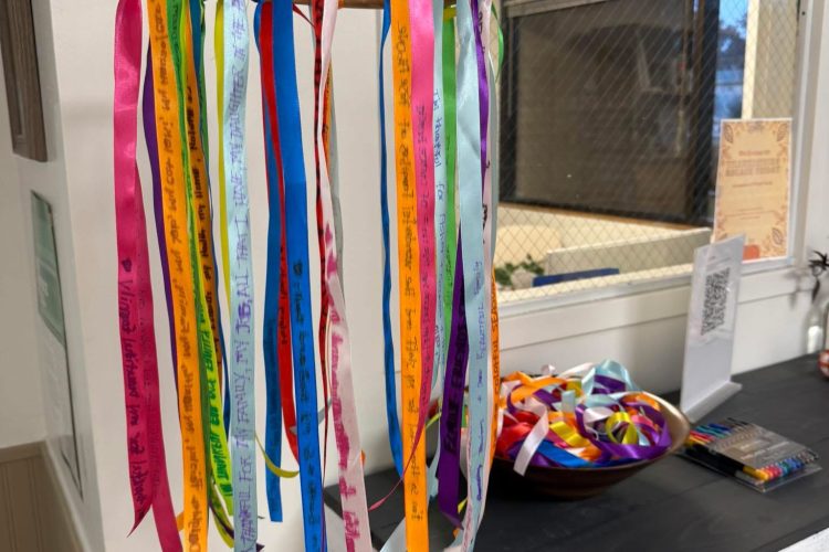 Ribbons of gratitude hanging in the Rise Above lobby